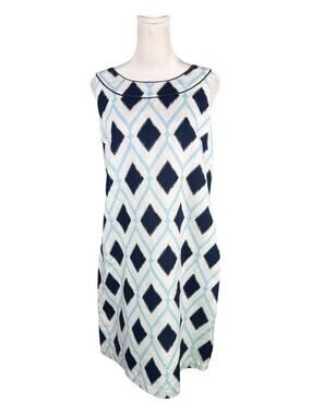 Talbots Petites 10P Linen Blend Sleeveless Audrey Shift Dress Blue White Diamond